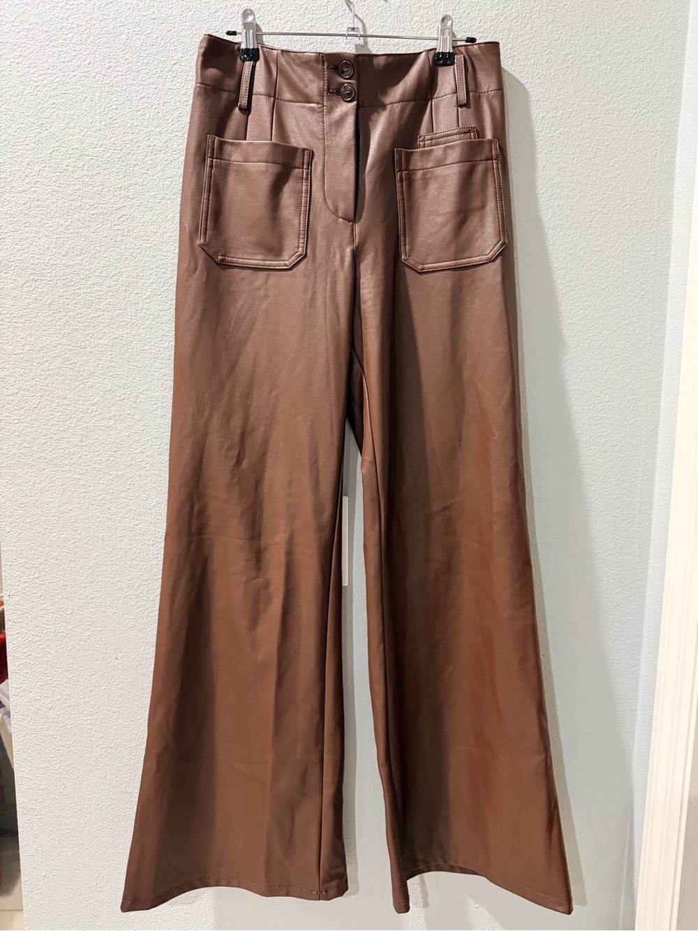 Mauve Wide Leg Faux Leather Pants in Chestnut Brown